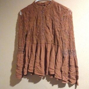 Brown Lace Embroidered Boho Top with Bell Sleeves American Eagle XS